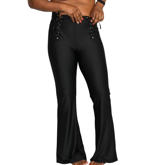 Dolls Kill Flare Pants Black Lace Up Shiny Stretch High Waist Grommet Size Small - Picture 11 of 16